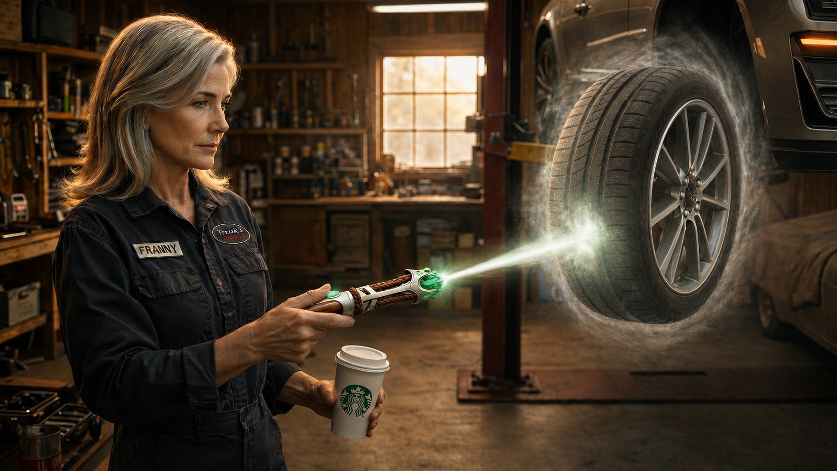 Franny Mercer uses an antigravity stick to pull a tire free while holding a coffee inside Frank's Garage