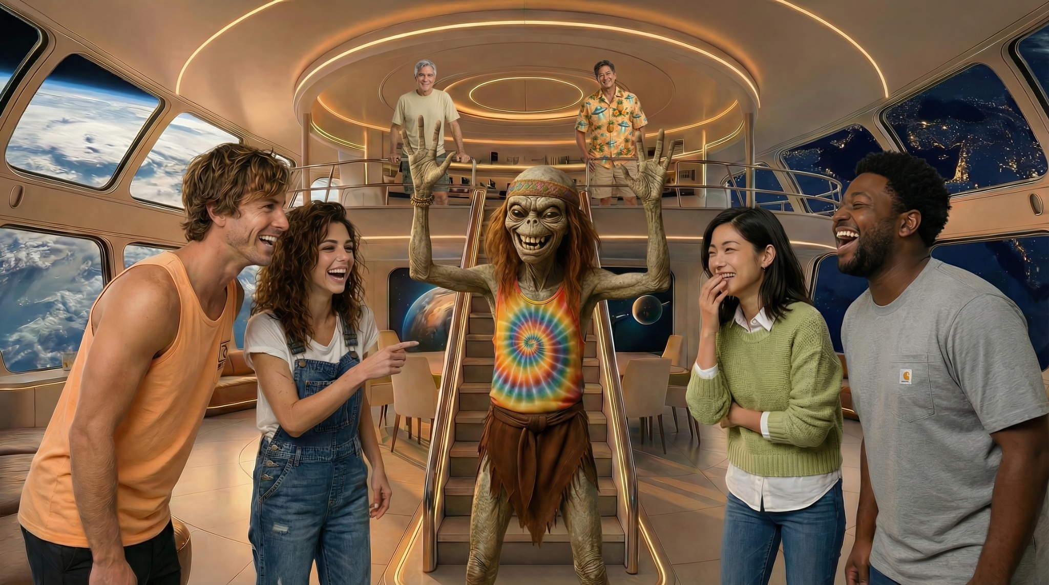 The crew inside Lumma during the staged alien encounter used to redirect Mason Blaine