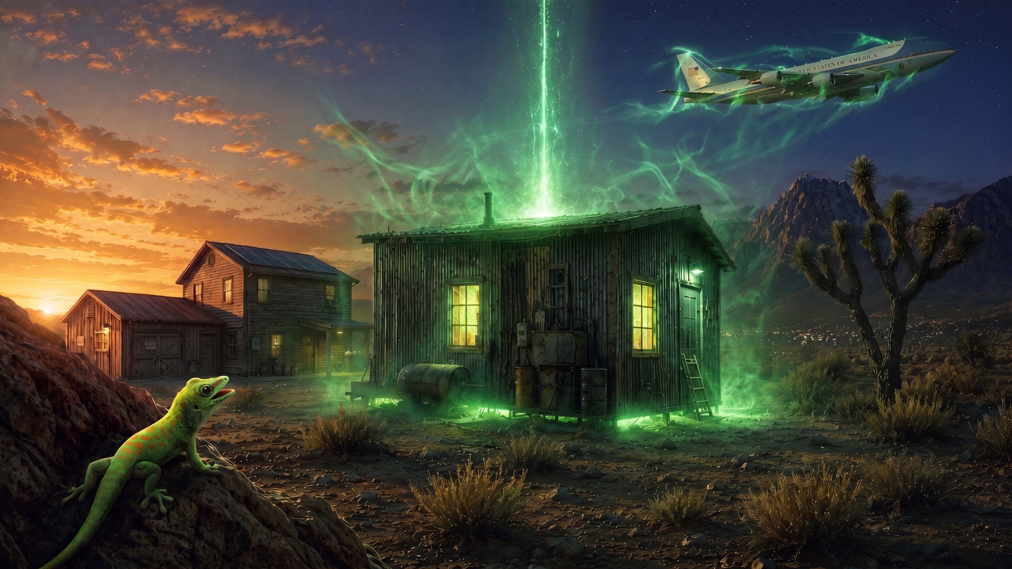 The first green Quantum Highway pulse rises above Frank’s Garage as Air Force One crosses the event
