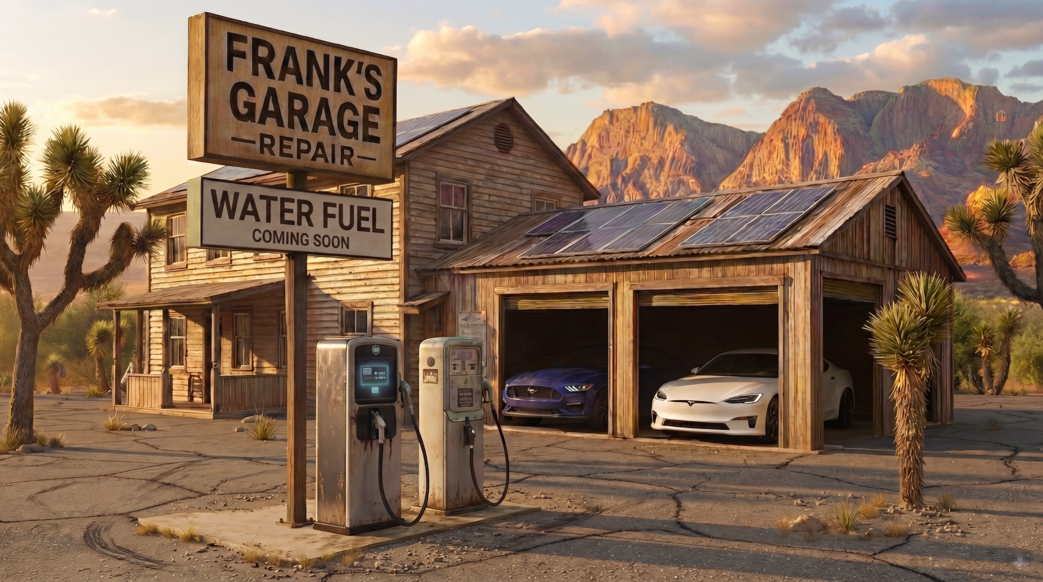 Frank’s Garage in Deep Valley, Nevada, with a hand-painted WATER FUEL — COMING SOON sign