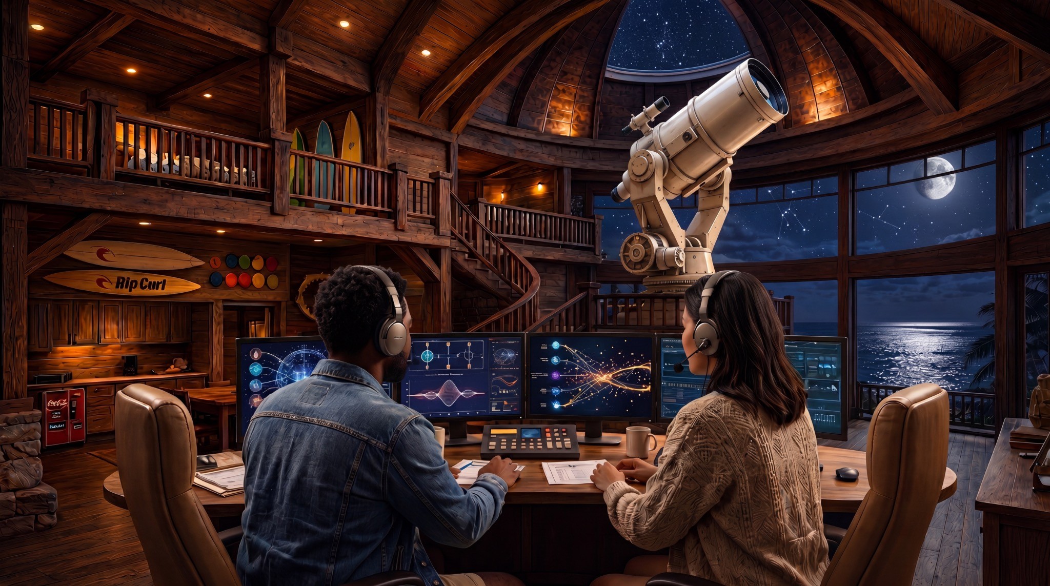 Patch and Kiki work late at the North Shore Observatory, studying anomalous signals beneath the telescope dome