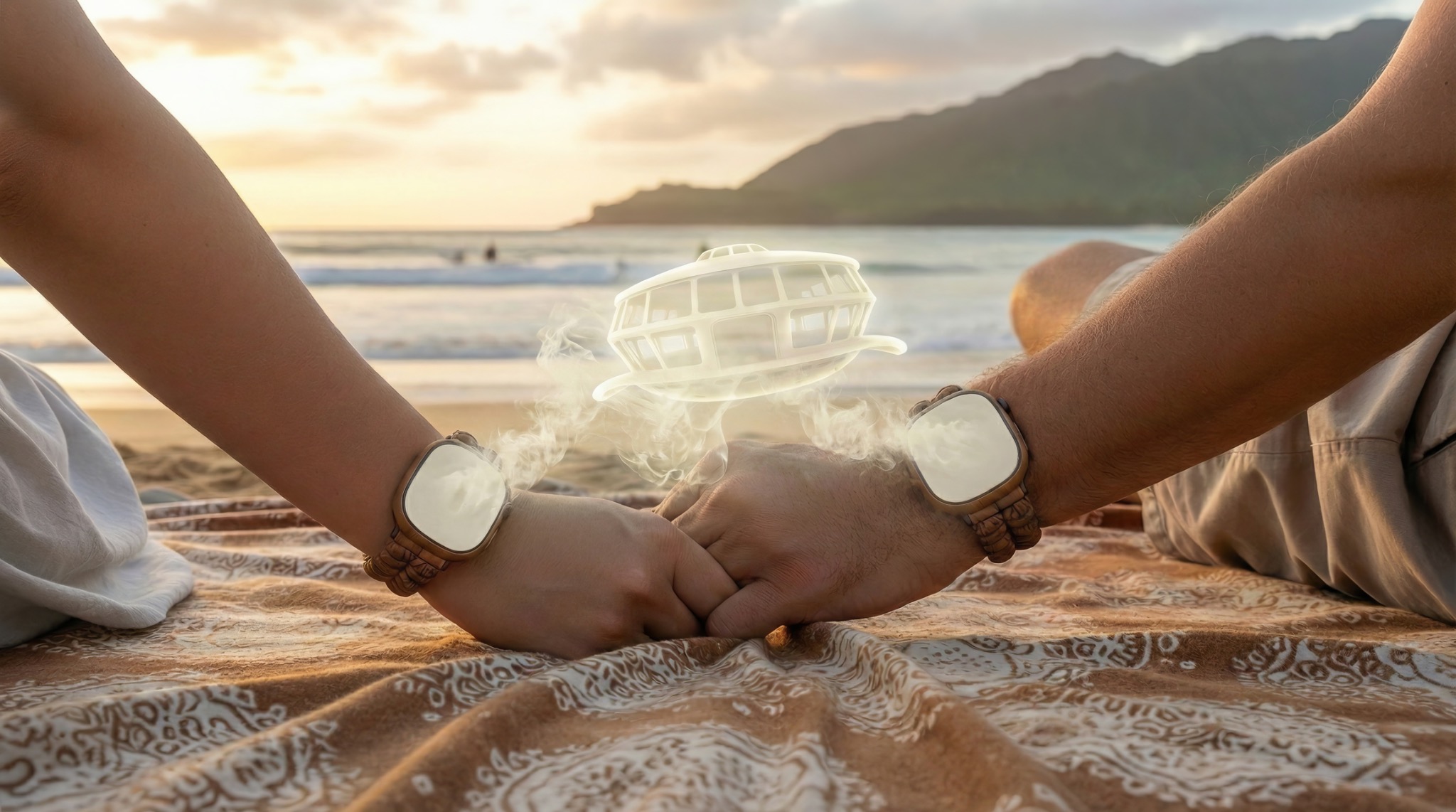 Concept art of Tom and Charlie holding hands as matching watches reveal a miniature Lumma and a two-way Quantum Highway connection